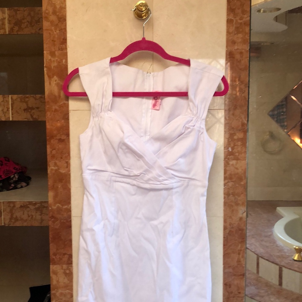 Pinup Couture White Sheath Dress with Cap Sleeves and Square Neckline